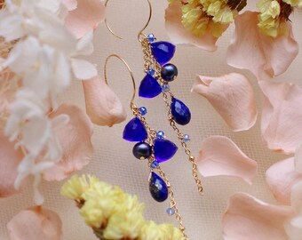 14K Gold Filled Handmade Royal Blue Quartz / Lapis Lazuli / Pearl Gemstone Dangle Earrings // Mystery Blue // Elegant Boutique Gift Got Her