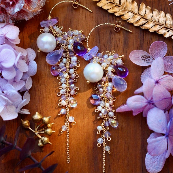 Lavender Opal / Edison Pearl / Amethyst / Butterfly Cluster Dangle Earrings // 14K Gild Filled Artisan Jewelry Unique Design Romantic Gift