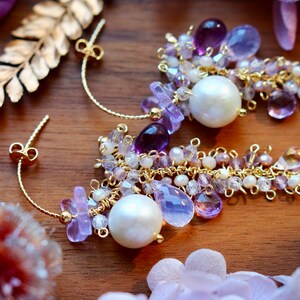 Lavender Opal / Edison Pearl / Amethyst / Butterfly Cluster Dangle Earrings // 14K Gild Filled Artisan Jewelry Unique Design Romantic Gift image 7