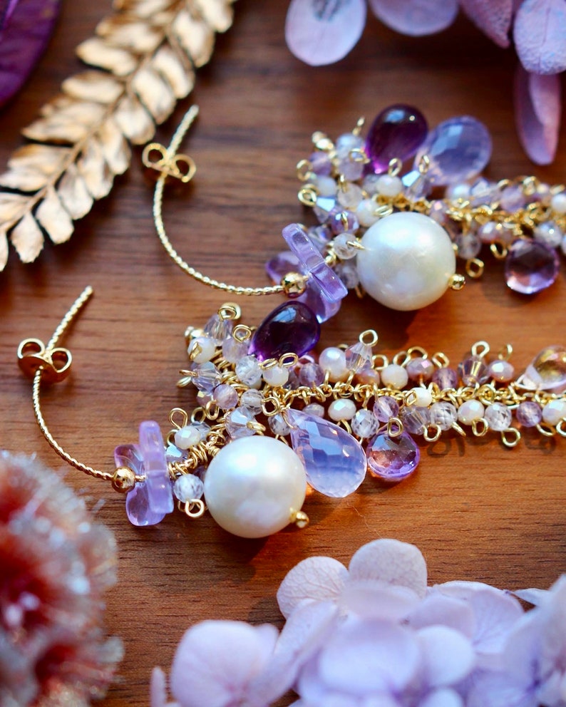 Lavender Opal / Edison Pearl / Amethyst / Butterfly Cluster Dangle Earrings // 14K Gild Filled Artisan Jewelry Unique Design Romantic Gift image 7