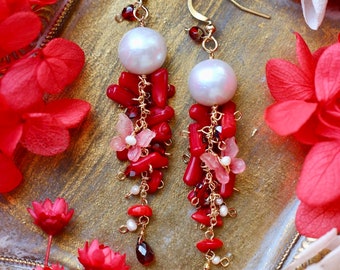 White Edison Pearl / Red Stick Coral Dangle Cluster Earrings // Handcrafted 14K Gold Filled Elegant Vintage Red Dainty Holiday Jewelry Gift