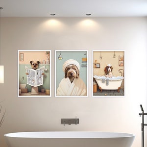 Ritratto divertente di cane e gatto, ritratto di cane personalizzato, dipinto di gatto personalizzato, stampe artistiche divertenti per pareti del bagno, illustrazione di animali