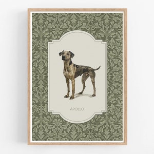 Ritratto di cane personalizzato, dipinto di animali domestici da foto, decorazione da parete per soggiorno, regalo commemorativo per animali domestici, stampa di William Morris, acquerello di un alano