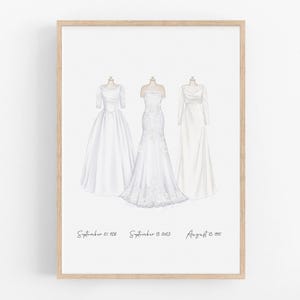 Three Generation Wedding Dress Portrait Mother Gift From Daughter Custom Bridal Dress Sketch Hand Painted Watercolor Painting