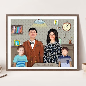 Lustiges individuelles Porträt vom Foto, Cartoon, personalisierte Geschenke, Familienillustration mit Haustier auf Leinwand und Papier, Wandkunst, Anime-Malerei