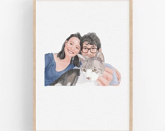 Custom Watercolor Cat Portrait With Owner: Pet Painting, Family Illustration