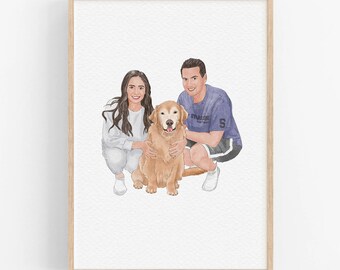 Family Portrait with Dog: Custom Watercolor Painting, Hand Painted Art
