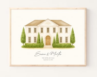 Custom Wedding Venue Portrait: Hand Drawn Watercolor Painting, Sketch Art Print
