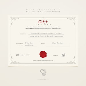 Certificado de regalo para gastar en nuestra tienda, Regalo perfecto de última hora, Para retrato en acuarela