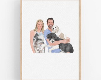 Family Portrait with Pets: Watercolor Painting From Photo, Hand Painted