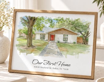 First Home Watercolor Portrait: New House Gift, Hand Painted Illustration
