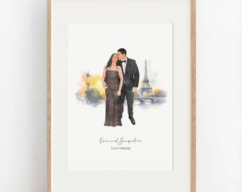 Couple Proposal Portrait: Engagement Gift, Hand Drawn Watercolor Painting