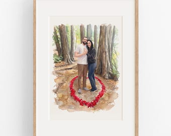 Custom Couple Proposal Portrait: Hand Drawn Watercolor Painting, Engagement Gift