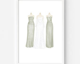 Custom Wedding Dress Watercolor Portrait: Mother Daughter Gift