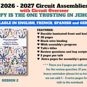 Op de afbeelding: Een spiraalgebonden notitieboek met de titel 2026-2027 Circuit Assemblies with Circuit Overseer Happy Is the One Trusting In Jehovah. De kaft heeft een bloemenpatroon in blauw, rood en goud. Het bevat 30 pagina's, zwarte draadbinding en gelamineerde covers.
