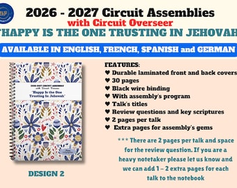 May include: A spiral-bound notebook titled 2026-2027 Circuit Assemblies with Circuit Overseer Happy Is the One Trusting In Jehovah. The cover features a floral pattern in blue, red, and gold. Features include 30 pages, black wire binding, and laminated covers.
