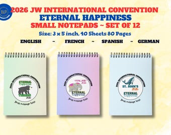 JW 2026 International Convention "Eternal Happiness"  ~ Set of 12 notepads ~ All convention locations ~ 3x5 inch ~ Convention gifts