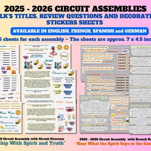 以下が含まれることがあります： 2025～2026年巡回大会用のステッカーと印刷物のシート。シートには、講演タイトル、復習の質問、装飾ステッカーが含まれています。シートのサイズは約17.8 x 11.4 cmです。英語、フランス語、スペイン語、ドイツ語で利用できます。