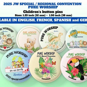 Convención especial/regional JW 2025 "Adoración pura" ~ Botones para niños ~ Disponibles en diferentes idiomas y tamaños ~ Botones para niños