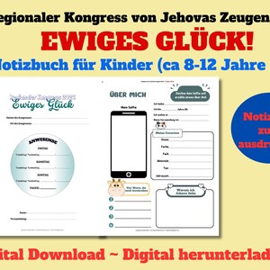 Puede incluir: Un cuaderno imprimible de descarga digital para ni&ntilde;os, con el texto "Congreso Regional de los Testigos de Jehov&aacute; 2026" y "&iexcl;Felicidad eterna!" en alem&aacute;n. Incluye secciones para rellenar con informaci&oacute;n personal y asistencia.