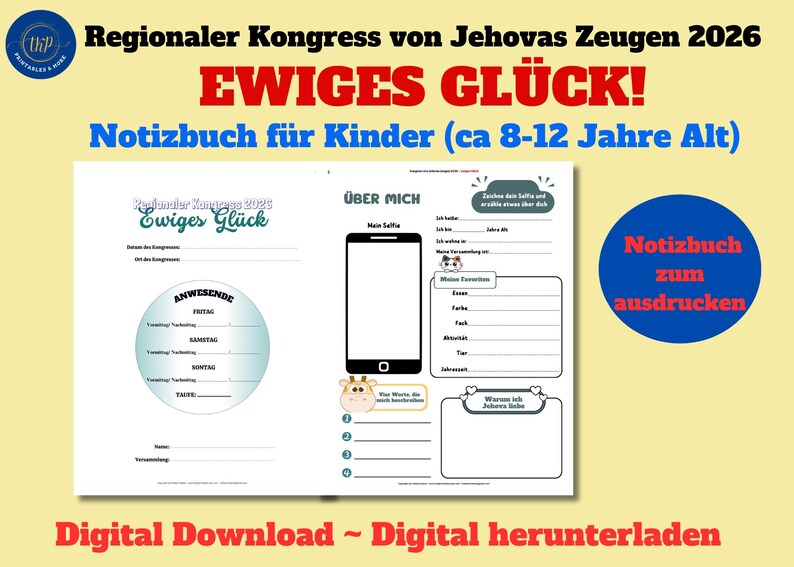 Puede incluir: Un cuaderno imprimible de descarga digital para ni&ntilde;os, con el texto "Congreso Regional de los Testigos de Jehov&aacute; 2026" y "&iexcl;Felicidad eterna!" en alem&aacute;n. Incluye secciones para rellenar con informaci&oacute;n personal y asistencia.