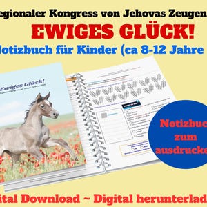 Puede incluir: Un cuaderno de espiral con el texto "Ewiges Gl&uuml;ck!" y un dibujo de un caballo en un campo de flores rojas. El cuaderno est&aacute; abierto para revelar p&aacute;ginas rayadas. El texto adicional incluye "Regionaler Kongress von Jehovas Zeugen 2026".
