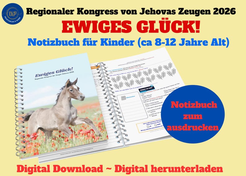 Puede incluir: Un cuaderno de espiral con el texto "Ewiges Gl&uuml;ck!" y un dibujo de un caballo en un campo de flores rojas. El cuaderno est&aacute; abierto para revelar p&aacute;ginas rayadas. El texto adicional incluye "Regionaler Kongress von Jehovas Zeugen 2026".