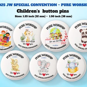 Convención especial/regional JW 2025 "Adoración pura" ~ Botones para niños ~ Disponibles en diferentes idiomas y tamaños ~ Botones para niños