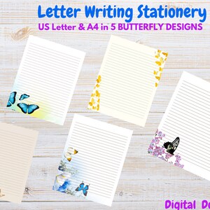 5 fogli *** Carta da lettera in 5 diversi disegni di farfalle ~ PERSONALIZZABILE ~ JW Stationery **** Download istantaneo