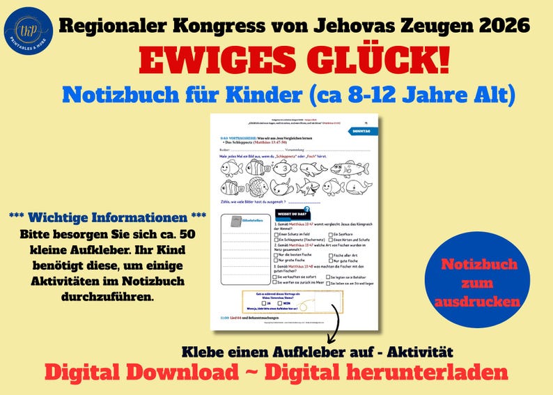 Puede incluir: Descarga digital de un cuaderno para ni&ntilde;os con el texto "Congreso Regional de los Testigos de Jehov&aacute; 2026" y "&iexcl;Felicidad Eterna!" El cuaderno es para ni&ntilde;os de 8 a 12 a&ntilde;os.