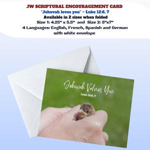 Carte d'encouragement biblique JW avec enveloppe ~ « Jéhovah vous accorde beaucoup de valeur » ~ Luc 12:6, 7 ~ Disponible en 2 tailles et 4 langues