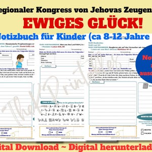 Puede incluir: Descarga digital de un cuaderno para ni&ntilde;os de 8 a 12 a&ntilde;os, con el texto "Congreso Regional de los Testigos de Jehov&aacute; 2026" y "Felicidad Eterna" en alem&aacute;n. El cuaderno incluye secciones para completar y una secci&oacute;n para imprimir.