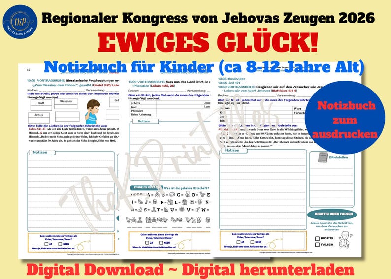 Puede incluir: Descarga digital de un cuaderno para ni&ntilde;os de 8 a 12 a&ntilde;os, con el texto "Congreso Regional de los Testigos de Jehov&aacute; 2026" y "Felicidad Eterna" en alem&aacute;n. El cuaderno incluye secciones para completar y una secci&oacute;n para imprimir.