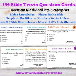 144 Schede di domande di quiz sulla Bibbia JW Bible Trivia. Schede flash / Schede di conoscenza della Bibbia Gioco della Bibbia, personaggi della Bibbia *** Download immediato