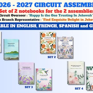 May include: A collection of spiral-bound notebooks for the 2026-2027 Circuit Assembly, organised into four sets. Each notebook features distinct floral, landscape, or botanical cover designs and includes the text Happy Is the One Trusting In Jehovah or Find Exquisite Delight in Jehovah. The notebooks are available in English, French, Spanish, and German.