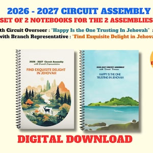 May include: A set of two spiral-bound notebooks for the 2026-2027 Circuit Assembly. One notebook features a forest landscape with the text Find Exquisite Delight in Jehovah. The other shows a coastal scene with Happy Is the One Trusting In Jehovah.
