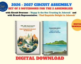 Op de afbeelding: Een set van twee spiraalgebonden notitieboeken voor de kringvergadering 2026-2027. Eén notitieboek toont een boslandschap met de tekst Find Exquisite Delight in Jehovah, het andere een kustlandschap met Happy Is the One Trusting In Jehovah.