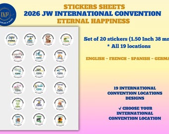 2026年JW国際大会ステッカーシート「永遠の幸福」〜約1.50インチ〜シートあたり20枚〜ビニールと紙製