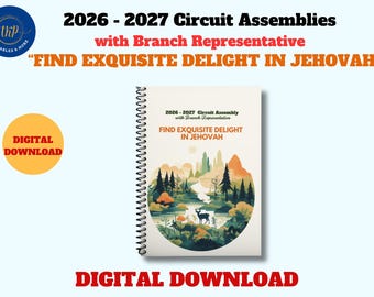 Op de afbeelding: Een spiraalgebonden notitieboek met een crèmekleurige kaft met de tekst 2026-2027 Circuit Assembly with Branch Representative FIND EXQUISITE DELIGHT IN JEHOVAH. De kaft toont een cirkelvormige illustratie van een boslandschap met een hert.