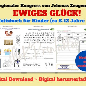 Puede incluir: Un cuaderno digital descargable para ni&ntilde;os, con el texto en alem&aacute;n &laquo;Congreso Regional de los Testigos de Jehov&aacute; 2026&raquo; y &laquo;&iexcl;Felicidad eterna!&raquo;. Incluye ilustraciones y espacio para notas. Dise&ntilde;ado para ni&ntilde;os de 8 a 12 a&ntilde;os.