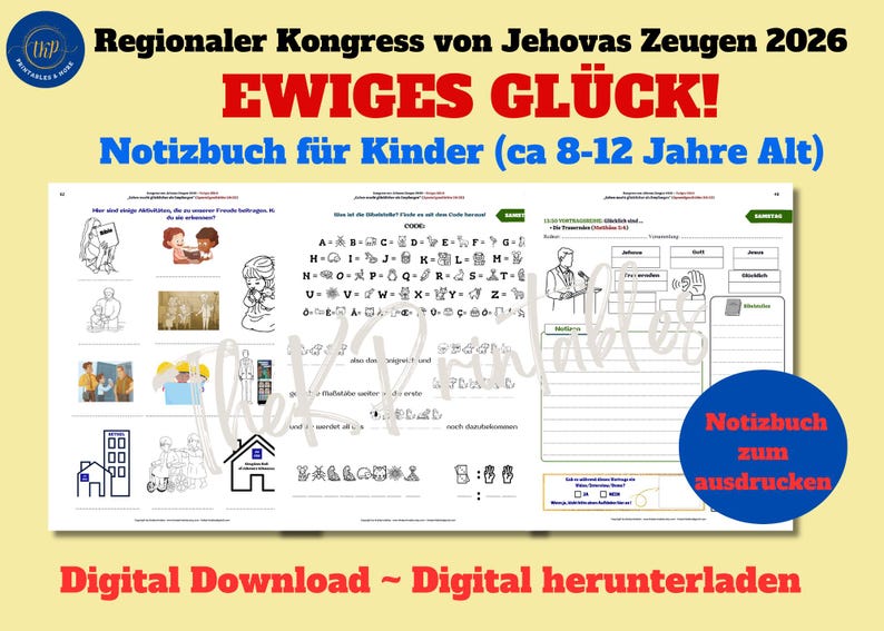 Puede incluir: Un cuaderno digital descargable para ni&ntilde;os, con el texto en alem&aacute;n &laquo;Congreso Regional de los Testigos de Jehov&aacute; 2026&raquo; y &laquo;&iexcl;Felicidad eterna!&raquo;. Incluye ilustraciones y espacio para notas. Dise&ntilde;ado para ni&ntilde;os de 8 a 12 a&ntilde;os.