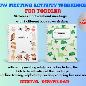 May include: Two digital download activity workbooks for toddlers with different animal-themed covers. One cover features a white background with colorful animals, including a giraffe, monkey, and a flamingo. The other cover features a green background with dinosaurs and palm trees. The text on the covers reads "My Meeting Activity Workbook".