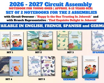 May include: A collection of spiral-bound notebooks titled 2026-2027 Circuit Assembly for young ones. The covers feature diverse illustrations including children, landscapes, dinosaurs, butterflies, and space themes with text in English, French, German, and Spanish.