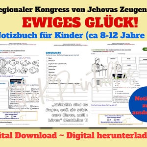 Puede incluir: Un cuaderno de descarga digital para ni&ntilde;os de 8 a 12 a&ntilde;os, con el texto "Congreso Regional de los Testigos de Jehov&aacute; 2026" y "&iexcl;Felicidad Eterna!" El cuaderno incluye listas de verificaci&oacute;n, ilustraciones y texto en alem&aacute;n.