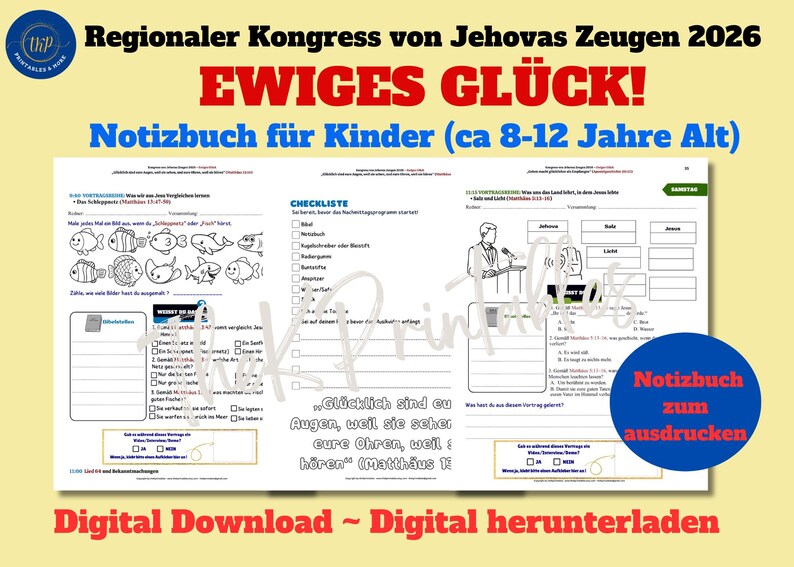 Puede incluir: Un cuaderno de descarga digital para ni&ntilde;os de 8 a 12 a&ntilde;os, con el texto "Congreso Regional de los Testigos de Jehov&aacute; 2026" y "&iexcl;Felicidad Eterna!" El cuaderno incluye listas de verificaci&oacute;n, ilustraciones y texto en alem&aacute;n.