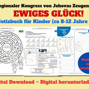 Puede incluir: Un cuaderno imprimible de descarga digital para ni&ntilde;os de 8 a 12 a&ntilde;os, con un laberinto, ilustraciones y actividades para completar. El tema del cuaderno es "Felicidad Eterna" y es para la Convenci&oacute;n Regional de los Testigos de Jehov&aacute; 2026.