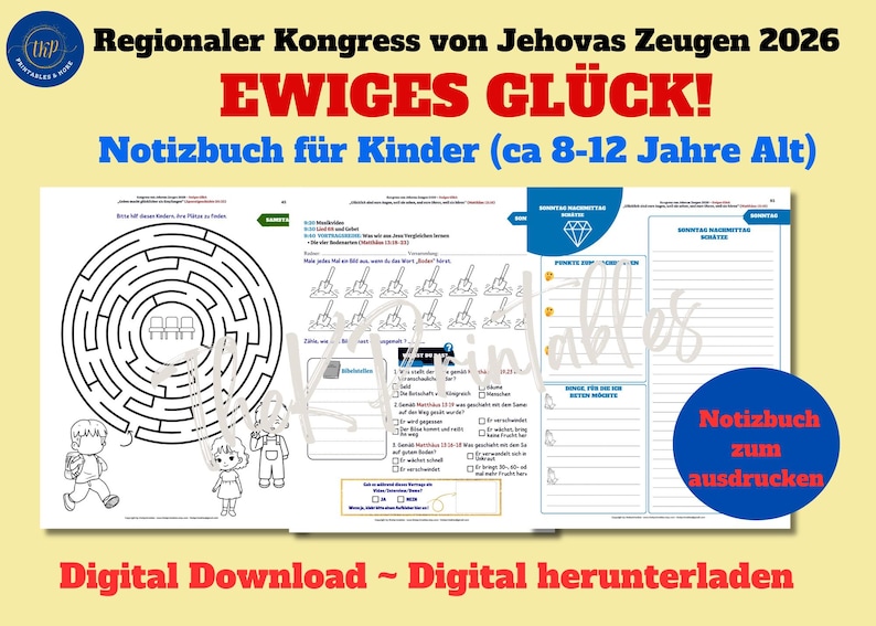 Puede incluir: Un cuaderno imprimible de descarga digital para ni&ntilde;os de 8 a 12 a&ntilde;os, con un laberinto, ilustraciones y actividades para completar. El tema del cuaderno es "Felicidad Eterna" y es para la Convenci&oacute;n Regional de los Testigos de Jehov&aacute; 2026.