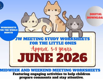 JW Kids Meeting-werkbladen 5-8 jaar | JUNI 2026 | Voorbereiding vergaderingen midweek en weekend | Afdrukbare pdf | Direct downloaden