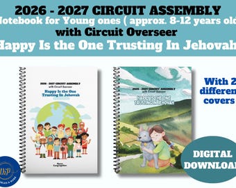 Op de afbeelding: Twee spiraalgebonden notitieboeken met de titel 2026-2027 Circuit Assembly with Circuit Overseer en Happy Is the One Trusting In Jehovah. Eén omslag toont een wereldbol met kinderen, de andere een aquarel landschap met een kind en een hond.