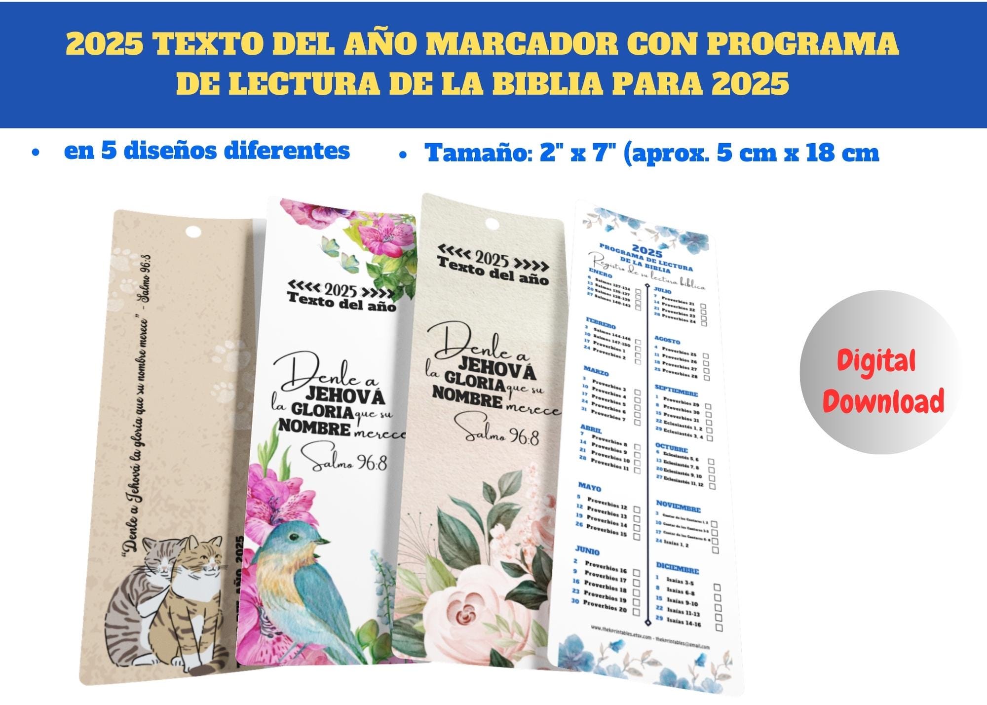 2025 Marcapaginas con el texto del año 2025 y con calendario de lectura de la Biblia para 2025 en 5 diseños diferentes **** Descarga digital